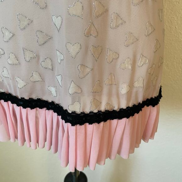 Pink Heart Mesh Babydoll Lingerie Dress Lace Trim Pleated Hem S - Picture 4 of 11